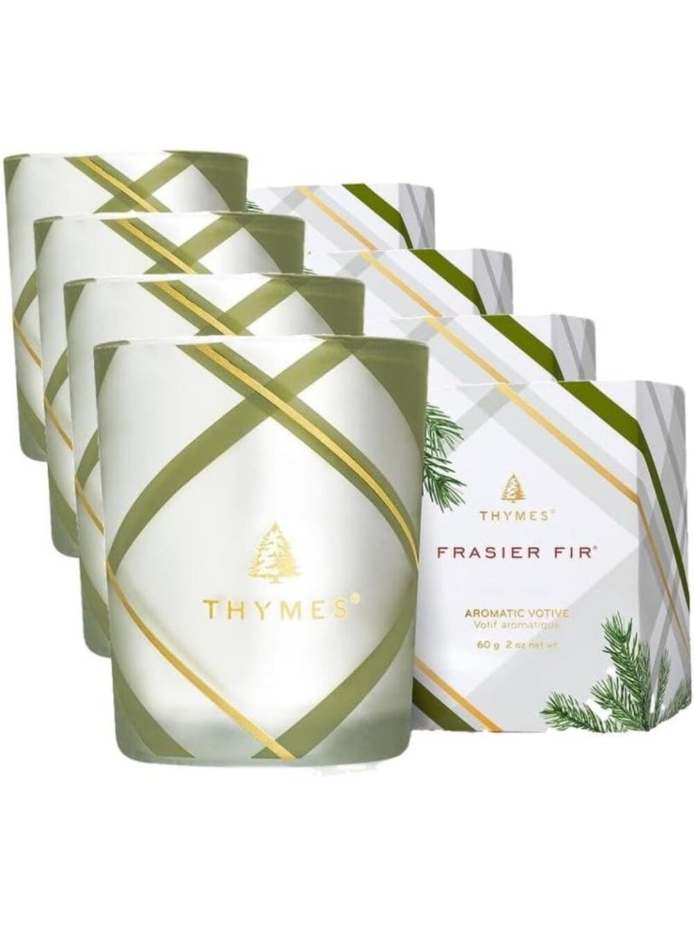 Cozy Frasier Fir Scented Candles - Frosted Plaid Glass Jars, 2 oz, Set of 4